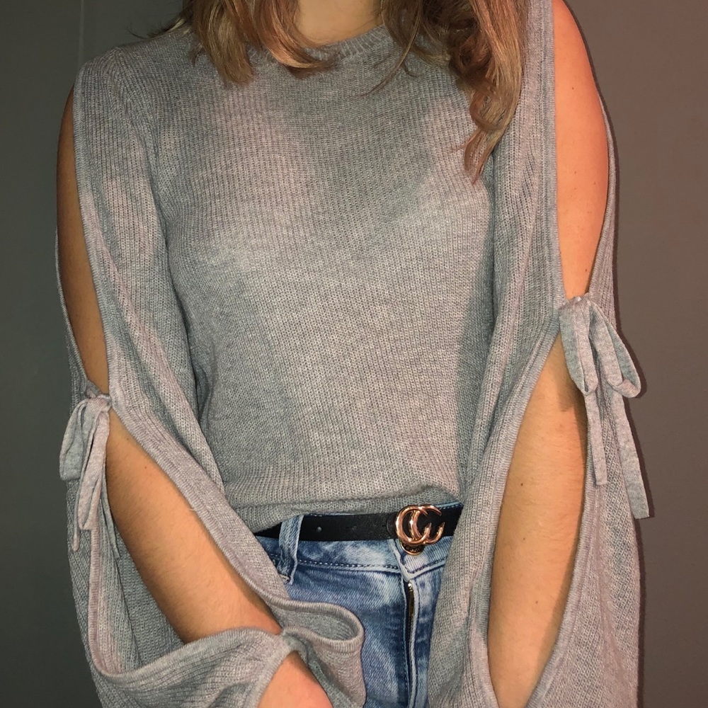 American Eagle Open Tie Sleeve Sweater - Grey - Picture 2 of 4